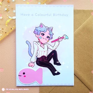 Juego de tarjetas y pegatinas de cumpleaños de Rafael / Amor y gato del espacio profundo, tarjeta de cumpleaños de anime LADS, regalo de anime