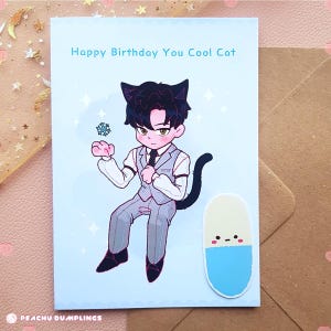 Ensemble de cartes d'anniversaire et d'autocollants Zayne | Amour et chat de l'espace lointain, carte d'anniversaire anime LADS, cadeau anime