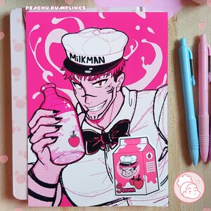 Impressão de Milkshake de Morango Sukuna e Adesivos de 6 cm | Impressões Artísticas de Jujutsu Kaisen A4 A5 A6 | Sukuna Ryomen | Adesivo de Caixa de Leite de Anime Kawaii