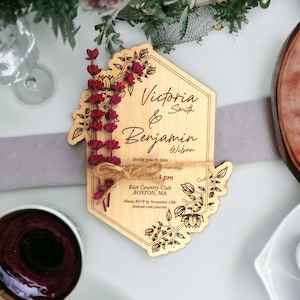 Elegant Wood Wedding Invitation Set, Wooden Invitations with Lavender, Aesthetic Invites, Rustic Invitation, 2023 Wedding Trend and Idea