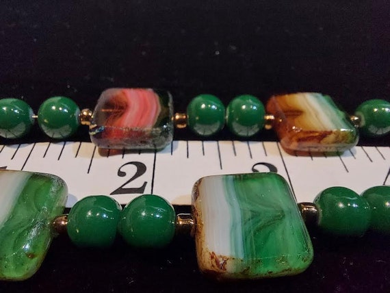 Art glass necklace with square beads in green, wh… - image 4