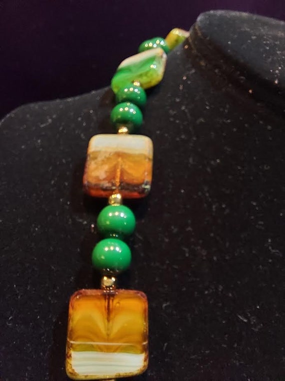 Art glass necklace with square beads in green, wh… - image 5