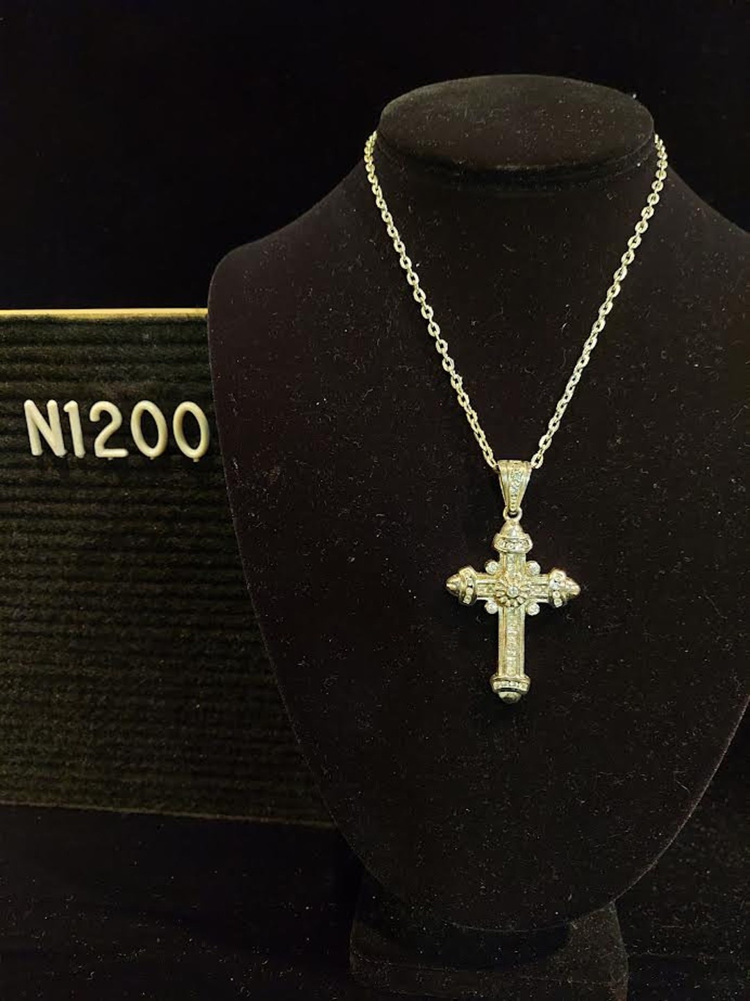 Silver Tone Cross Pendant Necklace Features 3 Dozen Clear Faceted Gems Etsy