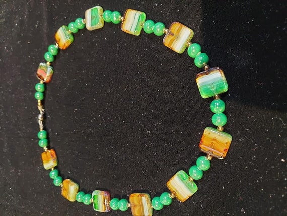 Art glass necklace with square beads in green, wh… - image 2