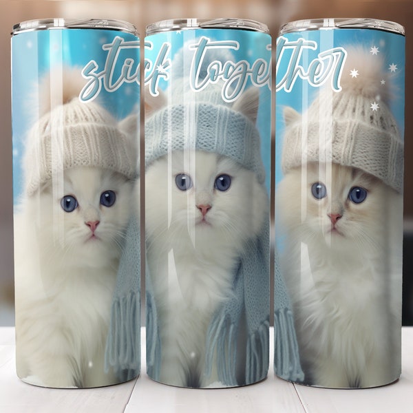 tumbler wrap, sublimate, cute white kittens together, friendship, family screen saver, cats, kitten knit winter hat scarf pompom