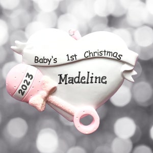 Baby Girl&#39;s 1st Christmas-Birth Announcement-Baby Girl- Pink Rattle and Heart- Personalized Christmas Ornament