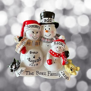 3 Expecting Family - Expecting a Second Baby-Pregnant Snowman Couple-Personalized Christmas Ornament-We are Expecting Pregnancy Announcement