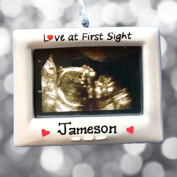 Baby Ultra Sound Picture Frame- Pregnancy Announcement- Love at First Sight- Personalized Christmas Ornament