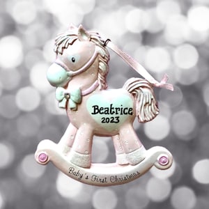 Pink Rocking Horse-Baby Girl&#39;s 1st Christmas-Personalized Christmas Ornament- Granddaughter- Goddaughter