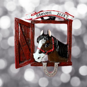 Black Horse in Stable- Horse Shoe- Horse Rider- Horse Race- Personalized Christmas Ornament