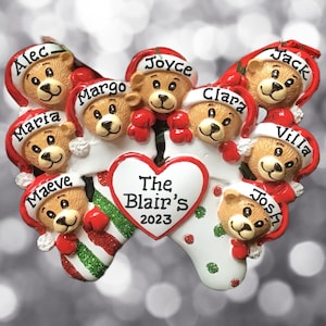 9 Bears in Santa hats - Family of Nine - Nine Stockings- Grandkids- Best Friends- Team- Class Gift-Personalized Christmas Ornament