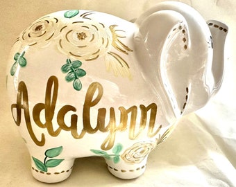 Personalized Hand Painted Gold Ivory Sage Flower Elephant Piggy Bank Newborn-Baby Girl-1st Birthday-Baby Shower-Flower Girl Gift