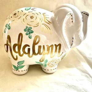 Personalized Hand Painted Gold Ivory Sage Flower Elephant Piggy Bank Newborn-Baby Girl-1st Birthday-Baby Shower-Flower Girl Gift