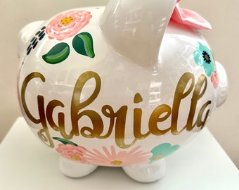 Personalized Hand Painted Shabby Chic Gold , Pink,Mint Flower Baby Girl Piggy Bank Newborn Baby Girl,1st Birthday,Baby Shower,Flower Girl