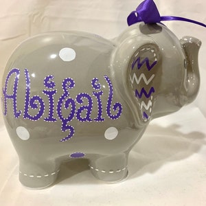 Personalized Hand Painted Gray Elephant Birth announcement Piggy Bank White Purple polka dots Newborn, Baby Girl,1st Birthday,Baby Shower