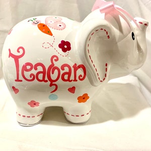 Personalized Hand Painted Pink Butterfly Flower Elephant Piggy Bank Birth stats Newborn, Baby Girl,1st Birthday,Baby Shower,Flower Girl Gift