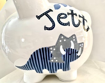 Dinosaur Personalized Hand Painted Gray Navy T Rex Piggy Bank Newborn Baby Boy,1st Birthday,Baby Shower, Grandson Gift, Nursery decor