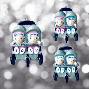 Twins in a stroller-Baby&#39;s 1st Christmas- Boy/Boy- Boy /Girl - Girl Girl- First Christmas-Personalized Christmas Ornament