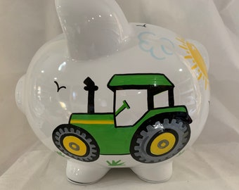 Farm Animals Green Tractor-Horse, Cow, Lamb, Goat-Personalized Hand Painted Piggy Bank Baby Boy 1st Birthday Baptism Christening,Communion