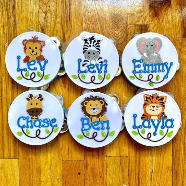 Personalized Wild One Safari Animals- Lion, Tiger, Zebra, Monkey,Giraffe, Elephant Tambourines - Hand Painted- First Birthday Party Favors