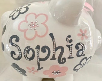 Personalized Hand Painted Pink Grey Crystal Flower Piggy Bank Newborn Baby Girl,1st Birthday,Baby Shower,Flower Girl