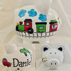 Personalized Large Choo Choo Train Cars Airplane - Hand Painted Piggy Bank-First Birthday-Ring Bearer-Baptism-Newborn Baby Boy Gift