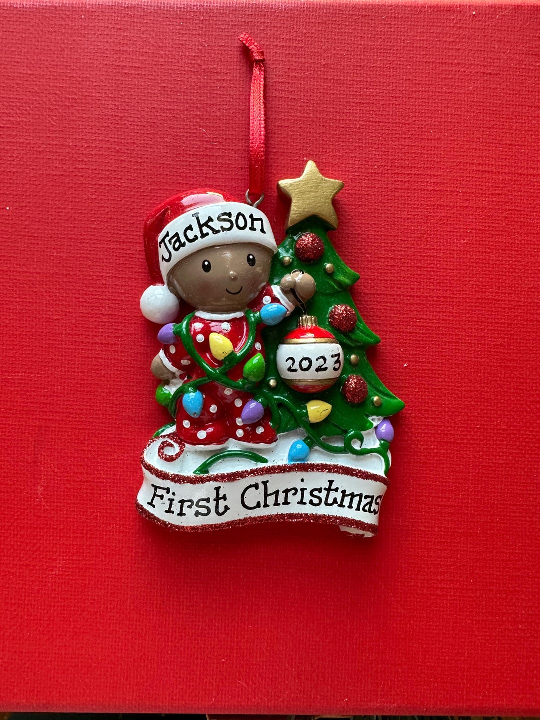 African American Baby in Red Pajamas- Baby's 1st Christmas - Baby Boy ...