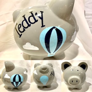 Hot Air Balloon Personalized Hand Painted Gray Piggy Bank Baptism, Christening Gift Newborn Baby Boy,1st Birthday,Baby Shower,Grandson Gift