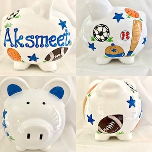 All Sports Football, Baseball,Soccer, Basketball Personalized Large Hand Painted Baby Boy Piggy Bank Baptism Newborn 1st Birthday Gift