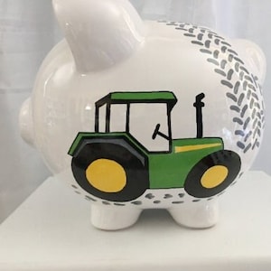 Green Tractor- Construction-Farm-Personalized Hand Painted Piggy Bank Baby Boy 1st Birthday-Baptism-Christening-Communion- Ring Bearer Gift