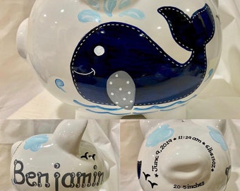 Under the Sea Personalized Hand Painted Blue Whale Gray Piggy Bank Newborn Baby Boy,1st Birthday,Baby Shower, Grandson Gift, Nursery decor