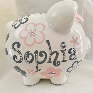 Personalized Hand Painted Pink Grey Crystal Flower Piggy Bank Newborn Baby Girl,1st Birthday,Baby Shower,Flower Girl