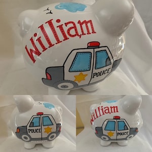 Personalized Large Hand Painted Police Car Piggy Bank-Newborn,Birthday,Baby Shower,Ring Bearer Nursery decor, Baptism Baby Boy Gift