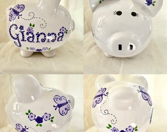 Personalized Hand Painted Lavender Purple Shabby Chic Flower Piggy Bank Newborn Baby Girl,1st Birthday,Baby Shower,Flower Girl
