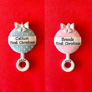 Blue PInk Rattle- Baby Boy&#39;s - Girl&#39;s 1st Christmas-Birth Announcement- Personalized Christmas Ornament- Grandson- Godson- Granddaughter