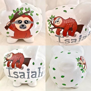 Sloth Personalized Hand Painted Large Piggy Bank- Baby Boy,Newborns, Birthday, Baby Shower Gift Centerpiece