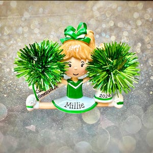 Green Cheerleader- Green outfit - Pom Pom - Horn - Personalized Christmas Ornament- Sports Team - Coach - Gift