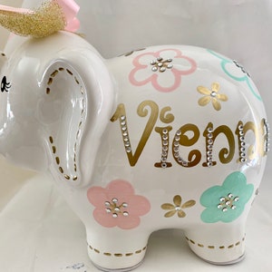 Personalized Hand Painted Pink Mint Green Gold Flower Elephant Piggy Bank- Newborn, Baby Girl, 1st Birthday,Baby Shower,Flower Girl Gift
