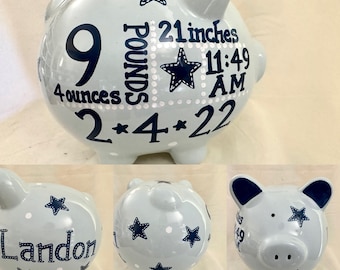 Personalized Hand Painted Star piggy bank with birth announcement - gift for baby shower, new parents, nursery - Baby Boy- Baptism gift