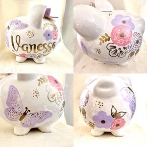 Personalized Hand Painted Lavender Pink Gold Butterfly Boho Flowers Piggy Bank  Newborn, Baby Girl,1st Birthday,Baby Shower Baptism Gift