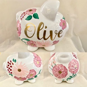 Personalized Large Shabby Chic Gold pink Burgundy Flowers Piggy Bank Newborns, Birthday, Flower Girl, Baby Shower Gift Centerpiece