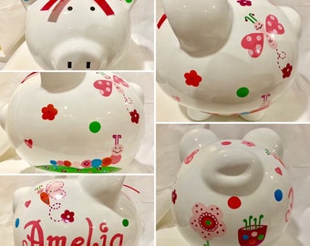 Personalized Hand Painted Butterfly Caterpillar Flowers Piggy Bank  Newborn, Baby Girl,1st Birthday,Baby Shower Baptism Gift