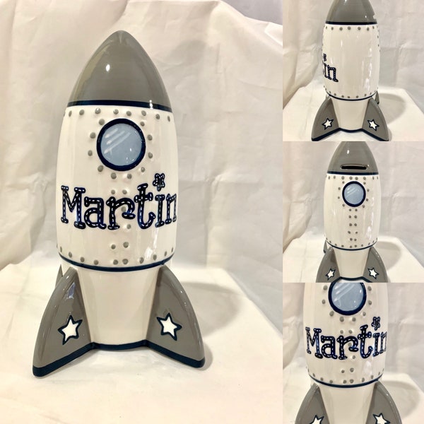 Rocket ship Personalized Large Astronaut -Spaceship-Outer Space-Planets-Stars Piggy Bank Newborn,Birthday,Baby Shower,Ring Bearer