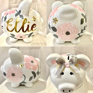 Gold Pink Gray Personalized Hand Painted Shabby Chic Flower Large Piggy Bank Newborn Baby Girl 1st Birthday-Baby Shower-Flower Girl