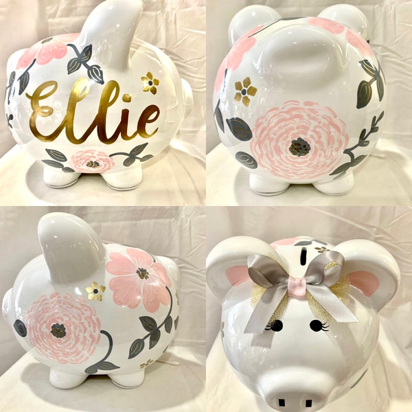 Gold Pink Gray Personalized Large Hand Painted Shabby Chic Flower Piggy Bank Newborn Baby Girl 1st Birthday-Baby Shower-Flower Girl