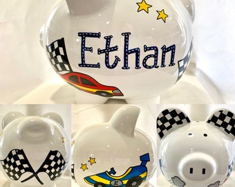 Race Car, Red Blue Sports Cars, Racing Flags,Personalized Hand Painted Piggy Bank Newborn Baby Boy,1st Birthday,Baby Shower,Grandson Gift