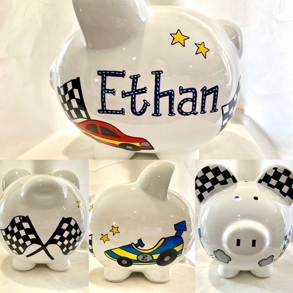 Race Car, Red Blue Sports Cars, Racing Flags,Personalized Hand Painted Piggy Bank Newborn Baby Boy,1st Birthday,Baby Shower,Grandson Gift