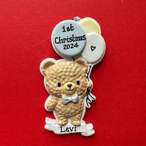 Blue Baby Bear with Balloons-Personalized Christmas Ornament -Baby Boy - Baby&#39;s First or Second Christmas