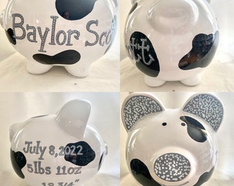 Personalized Hand Painted Large Cow Piggy Bank Gray , Black and white Newborn, Birthday,Baby Shower Farm theme Nursery Gift Centerpiece
