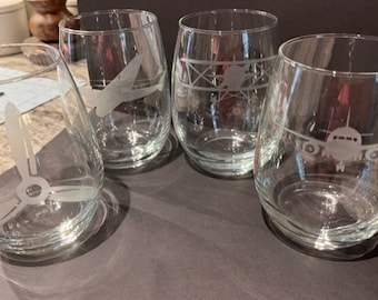 Hand Etched Airplane Themed Wine Glasses,